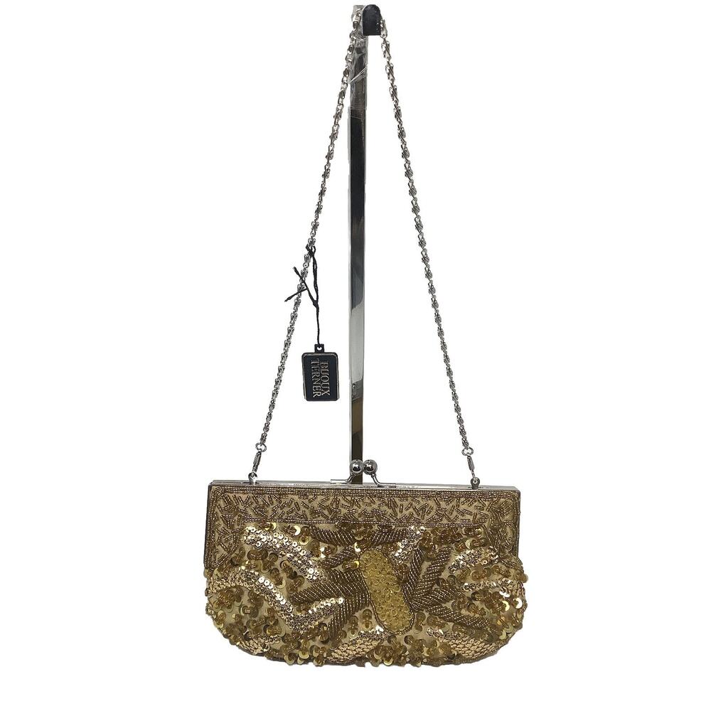 Vintage Bijoux Terner Gold Clutch Beaded Sequin Evening Handbag With Chain Strap